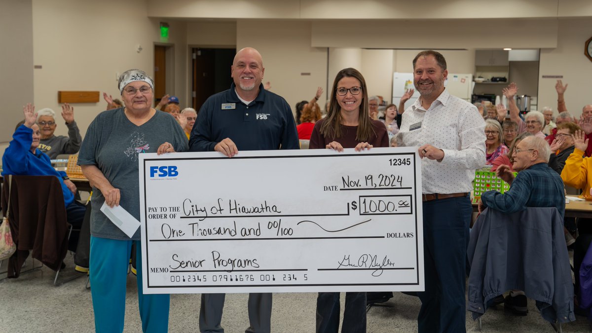 MyFSBOnline's tweet photo. FSB donated $1,000 to support senior programming through the City of Hiawatha.
Farmers State Bank is happy to support opportunities for seniors in the Hiawatha community.
#FSBGivesBack #CommunitySupport #SeniorProgramming #HiawathaCommunity #SupportingSeniors https://t.co/QOYfrLro04