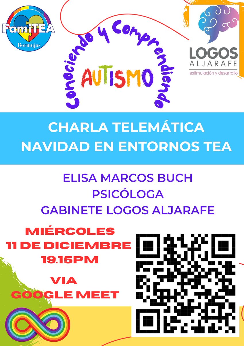 ¿Podrías ayudarme con la difusión de este tweet?

🗓️ Miércoles 11 de Diciembre.
🕗 19pm.
💻 Charla telemática.
🎙️ Elisa Marcos Buch. 
Psicóloga, Directora del gabinete Logos Aljarafe.
📍 Google Meet (QR).
📋 Navidad en entornos TEA.

Muchas gracias.
#TEA #CEA #FamiTEA