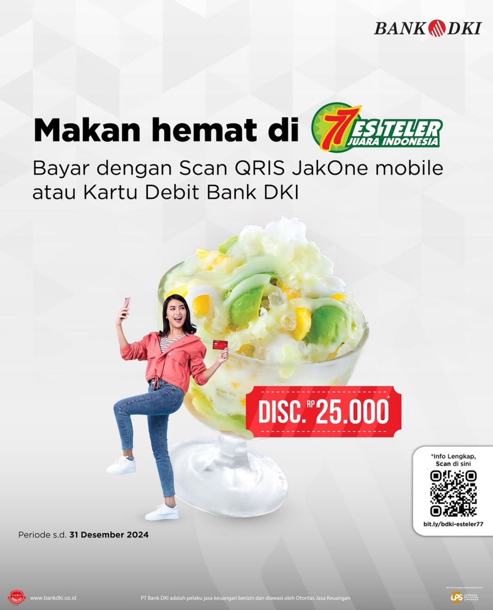 🍹Sensasi Hemat di Setiap Suapan Es Teler 77! 🍧 
Es teler favorit jadi lebih nikmat dengan Diskon Rp25.000. Cukup bayar pakai QRIS JakOne Mobile atau Kartu Debit Bank DKI. Hemat, praktis, segar! #EsTelerHemat #JakOneMobile #BankDKI #PromoEsTeler77