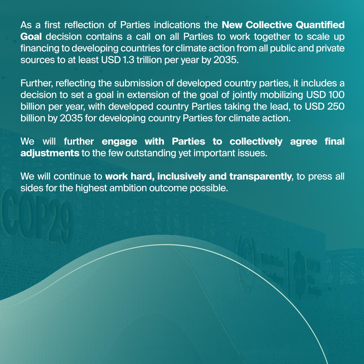 Today, the COP29 Presidency published updated texts on #NCQG after the latest consultations with the Parties. Read the full statement of the COP29 Presidency here.

#COP29 #COP29Azerbaijan