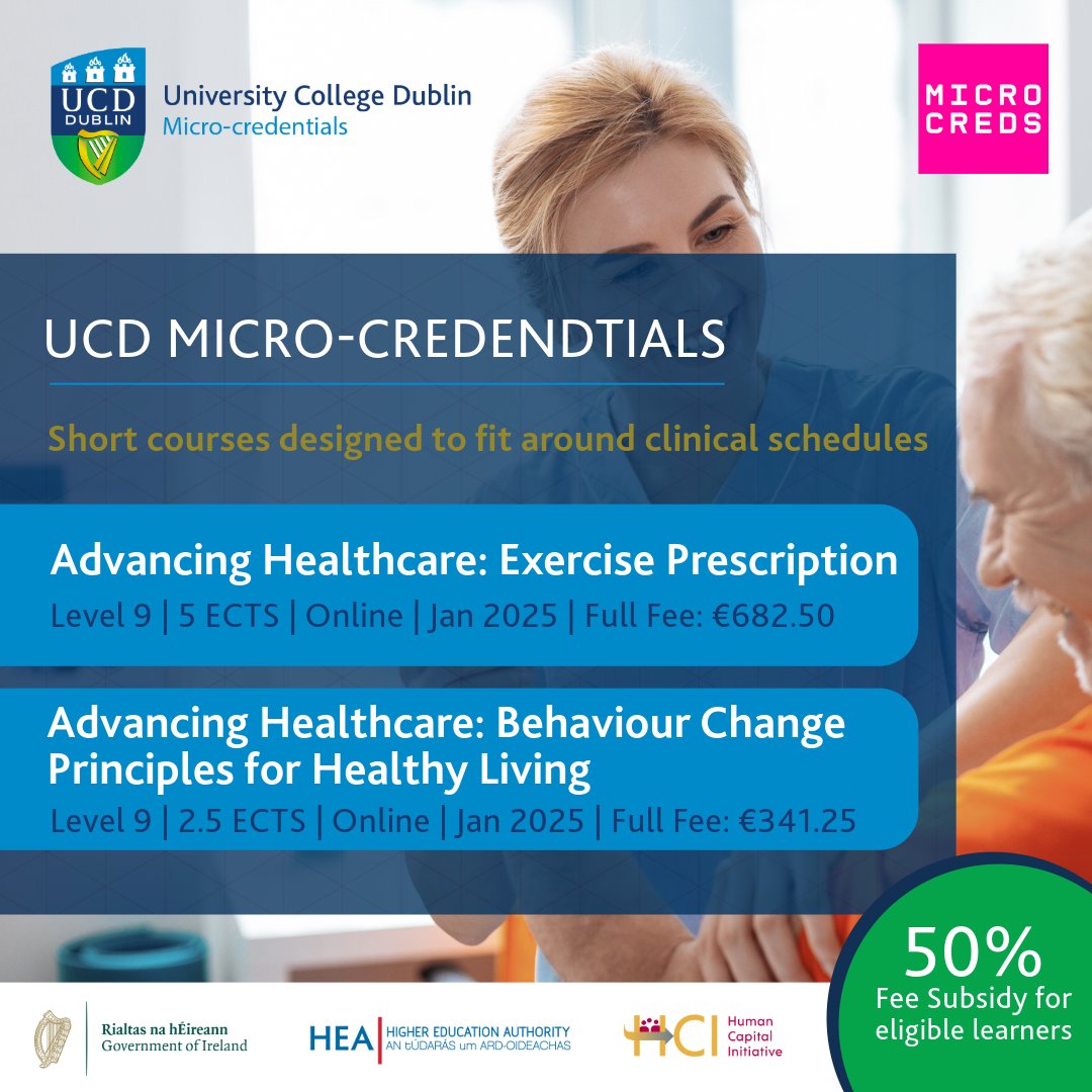 🧑‍⚕️Calling healthcare professionals! Are you looking to upskill to advance your career? Explore our Advancing Healthcare Micro-credentials- limited places!
💪Exercise Prescription: ucd.ie/microcredentia…
🍏Behaviour Change Principles for Healthy Living:
ucd.ie/microcredentia…