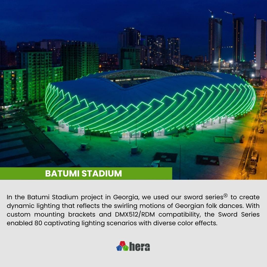 HeraLedLighting's tweet photo. In Batumi Stadium project located in Georgia, we utilized our Sword® Series to create a dynamic lighting integration that harmonizes with the stadium's exterior, symbolizing the swirling movements commonly found in Georgian folk dances. 
#heraled  #lightingdesign https://t.co/5YFscNRREC