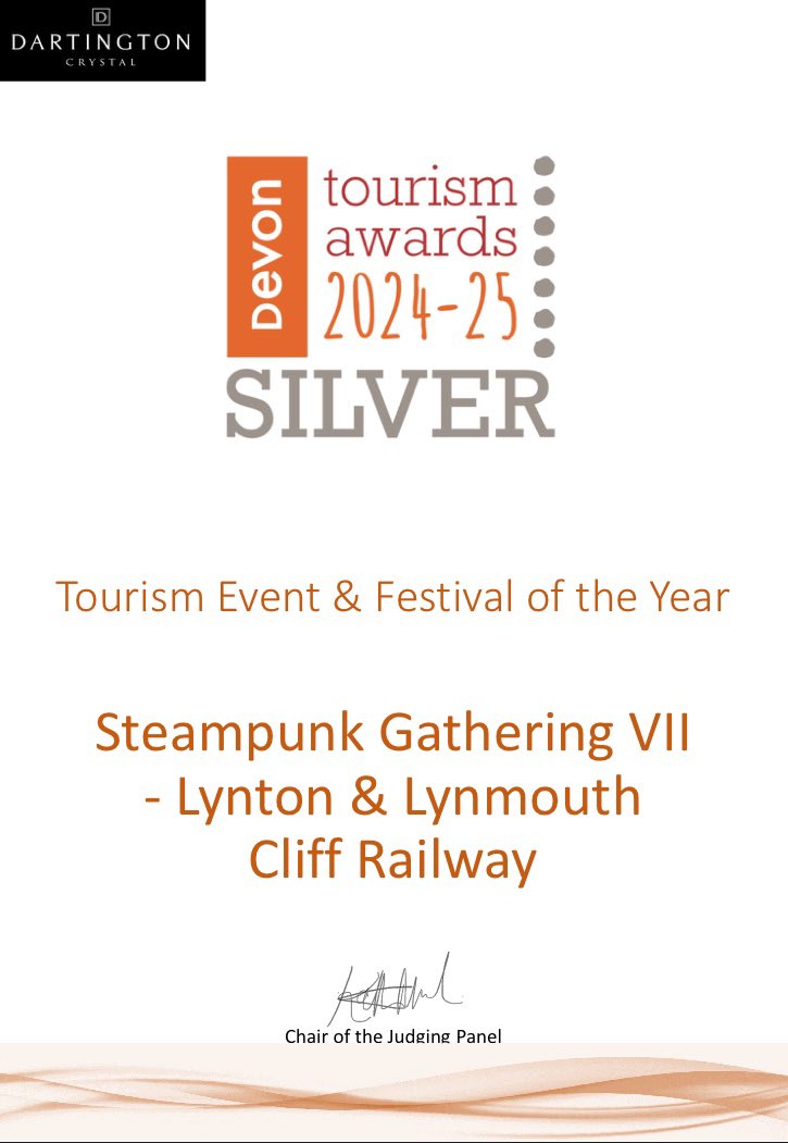 We won Silver! .. Bob &amp; Ashley personally invite you to Steampunk Gathering VIII at the Lynton &amp; Lynmouth Cliff Railway on 🎩 Sat 10th May 2025 🎩 - find out what makes this award winning festival (almost) the best event in Devon! #SteampunkVIII #DevonTA