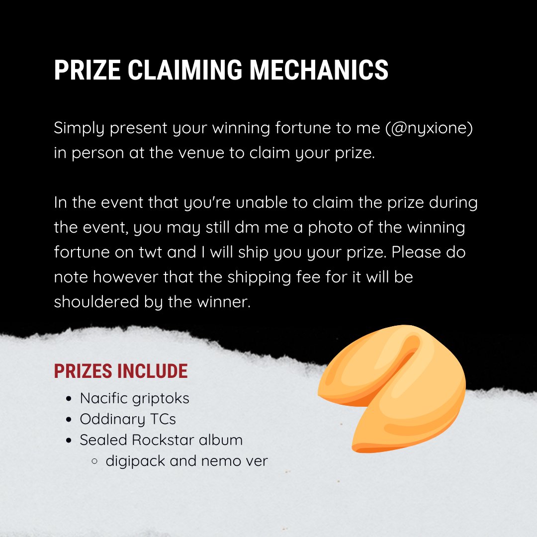 Nyxione's tweet photo. Fortune Cookies 🥠
fan support by @nyxione

Fortunes contain:
- SKZ quotes
- SKZ song lyrics
- Prizes!!*
* See 2nd photo for prize claiming mechanic

Limited quantity; 1:1 only
Likes &amp; rts appreciated but not required~

#dominATE_BULACAN https://t.co/VjjDv92y6G