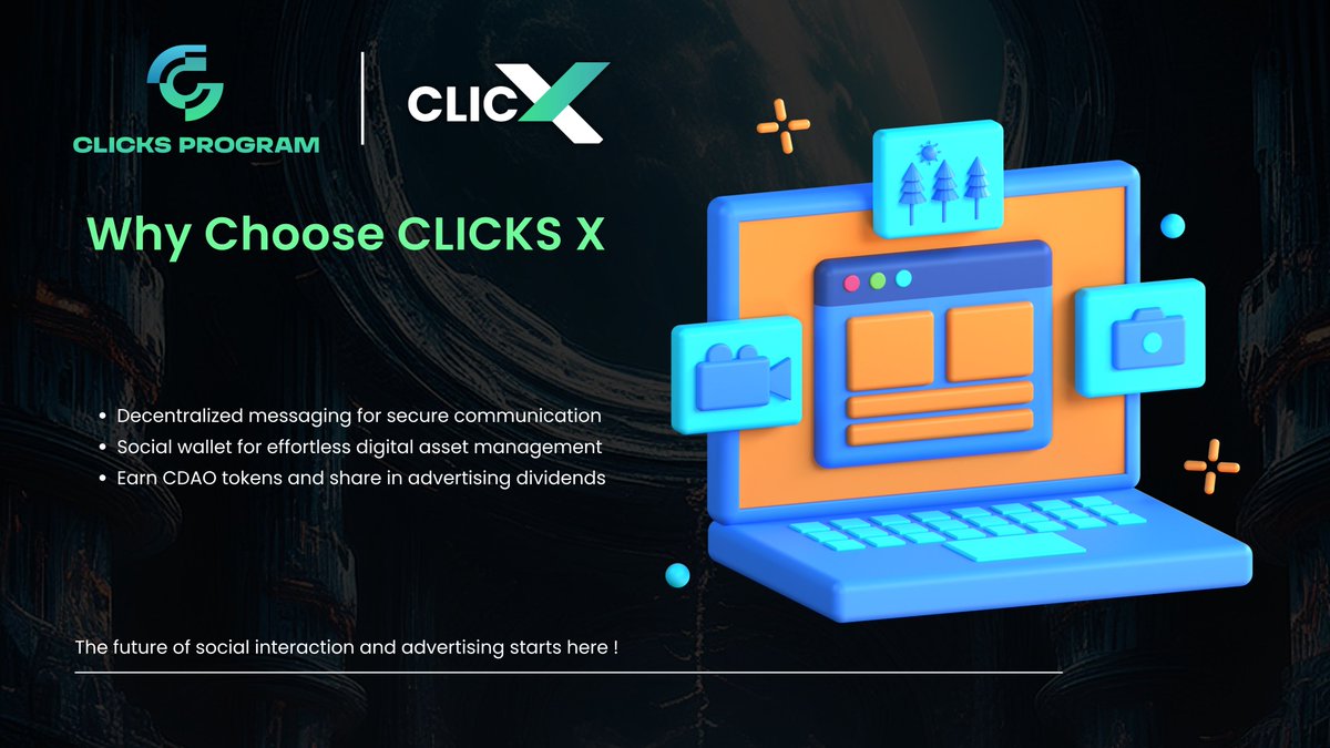 ClicksProgram's tweet image. 🔑 Why Choose CLICKS X?

Decentralized messaging 📩

Social wallet for seamless digital asset management 💼

Earn CDAO tokens and advertising dividends 💰

💻 Explore the platform that’s redefining the future

#Blockchain #CryptoWallet #Innovation #ClicksX #Clickstoken #CDAO…