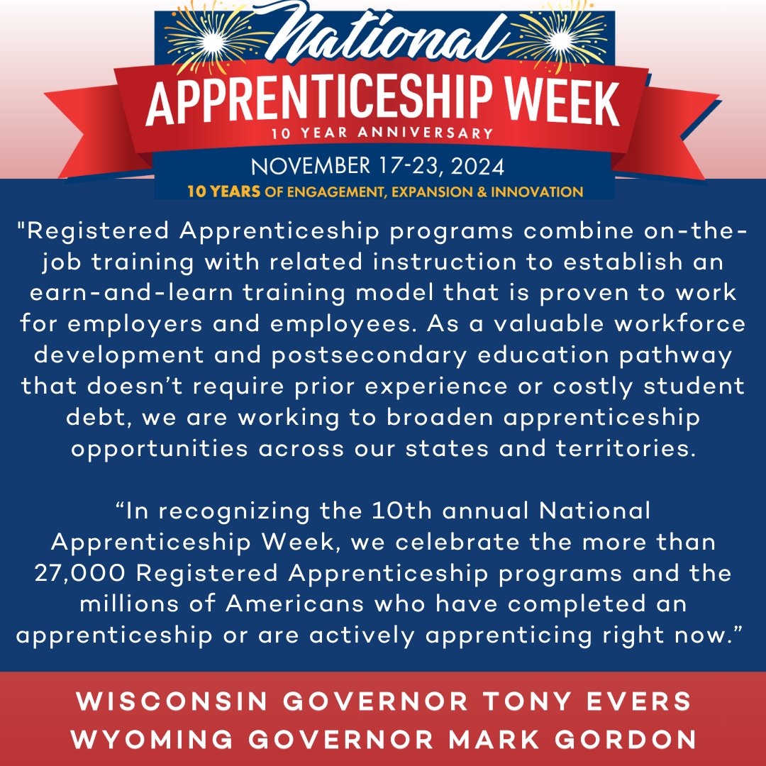 NGA (@natlgovsassoc) on Twitter photo Wisconsin <a href="/GovEvers/">Governor Tony Evers</a> and Wyoming <a href="/GovernorGordon/">Governor Mark Gordon</a>, Co-Chairs of NGA's Education, Workforce and Community Investment Task Force, released a statement today in recognition of #NationalApprenticeshipWeek. nga.org/news/press-rel… Wisconsin <a href="/GovEvers/">Governor Tony Evers</a> and Wyoming <a href="/GovernorGordon/">Governor Mark Gordon</a>, Co-Chairs of NGA's Education, Workforce and Community Investment Task Force, released a statement today in recognition of #NationalApprenticeshipWeek. nga.org/news/press-rel…