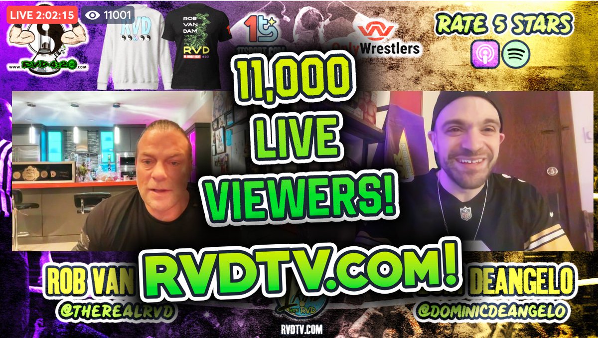 Rob Van Dam (@therealrvd) on Twitter photo Thanks to ALL the fans who tuned in LIVE for <a href="/RVDPod/">1 Of A Kind With RVD - RVDTV.com</a> last night! We had a record 11,000 people watching! You can catch all the episodes/clips every DAM Monday on RVDTV (dot) com & wherever you get your podcasts! <a href="/DominicDeAngelo/">Dominic DeAngelo</a> Thanks to ALL the fans who tuned in LIVE for <a href="/RVDPod/">1 Of A Kind With RVD - RVDTV.com</a> last night! We had a record 11,000 people watching! You can catch all the episodes/clips every DAM Monday on RVDTV (dot) com & wherever you get your podcasts! <a href="/DominicDeAngelo/">Dominic DeAngelo</a>