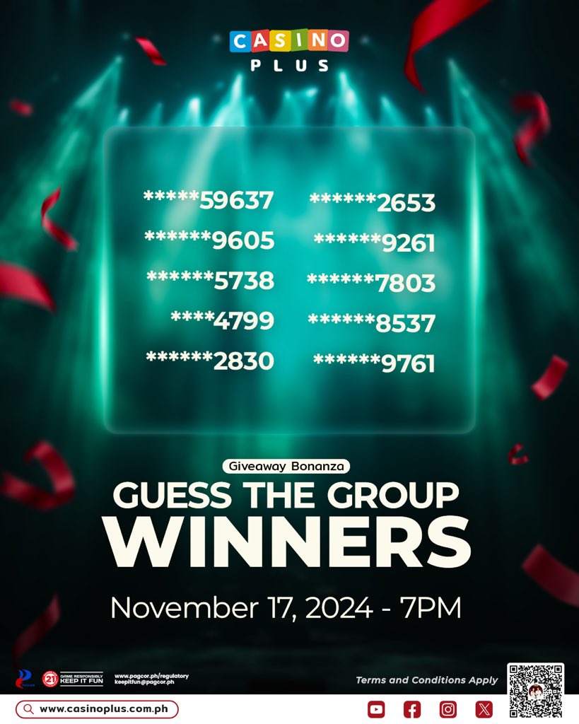 CHECK YOUR CASINO PLUS ID | 
Hindi ka na feeling lonely, lonely, lonely dahil mapapanood mo na sila ng live! 🪩🎤

Congratulations sa lucky winners ng free one (1) Premier Suite ticket mula sa Guess the Group Challenge. Enjoy the show, ka CP, dahil You’re The Best!

Makikita sa