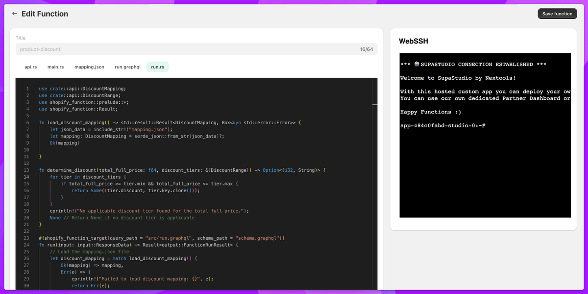 🤖 Introducing SupaStudio - Hosted Custom App To deploy your own custom Shopify Functions, everything managed through SupaEasy. Write functions in the way you want and deploy without having to deal with Shopify CLI, updates and more. We want to make building functions SupaEasy