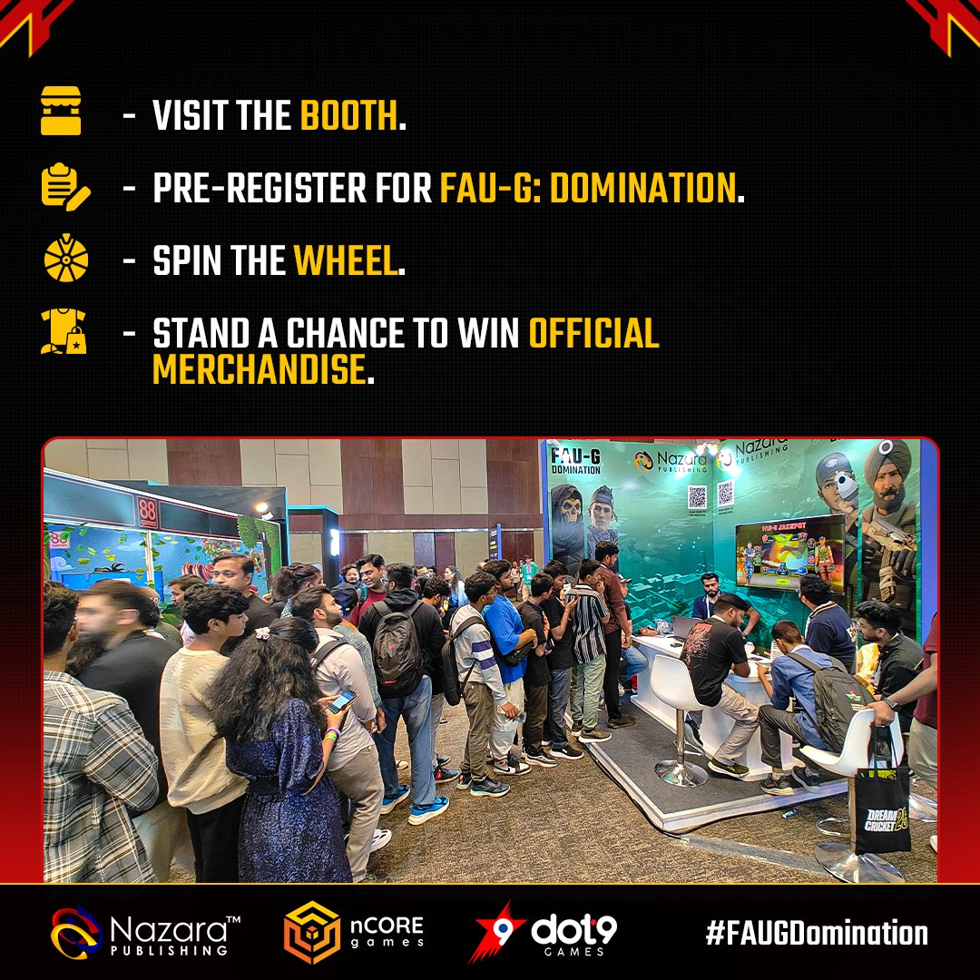 FAUGDomination's tweet image. FAU-G: Domination Jackpot is taking place at #IGDC 2024 in Hyderabad.

All those visiting the conference can win some exclusive official merchandise!

So come down to the booth, pre-register the game, and spin the wheel

#FAUG #FAUGDomination #FAUGGame #IGDC2024 #MadeInIndia