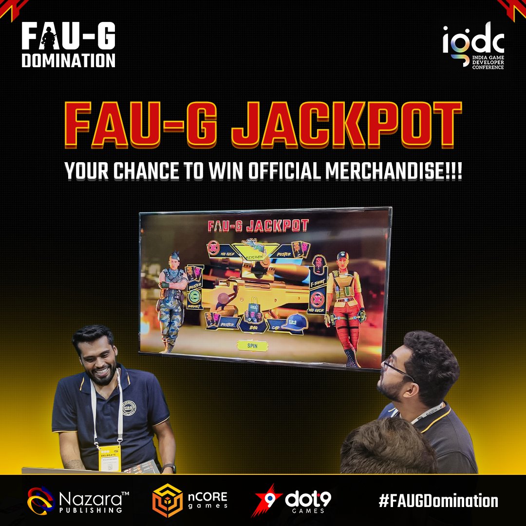 FAUGDomination's tweet image. FAU-G: Domination Jackpot is taking place at #IGDC 2024 in Hyderabad.

All those visiting the conference can win some exclusive official merchandise!

So come down to the booth, pre-register the game, and spin the wheel

#FAUG #FAUGDomination #FAUGGame #IGDC2024 #MadeInIndia