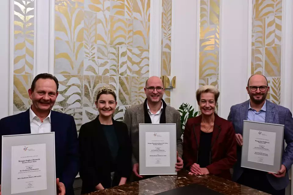 weininstitut's tweet photo. Die Deutsche Weinprinzessin Katharina Gräff zeichnete in der #RLP Landeshauptstadt Mainz drei Preisträger für herausragende #Chardonnay Weine vor https://t.co/7PThTSfL9P via @deutscheweine https://t.co/Ig0cXtFGkl