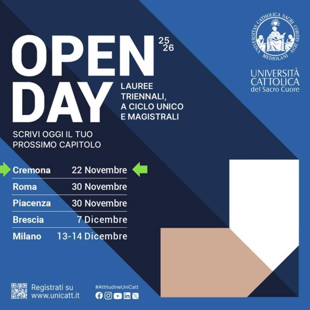 🎓 Open Day dell’Università Cattolica - Campus di Cremona! 🎓

📅  Il 22 novembre, a partire dalle 9.15, partecipa all'#OpenUnicatt!

💻 Non perdere l’occasione! Consulta il programma completo e registrati ora 👉 cremonauniversity.it/eventi/open-da…