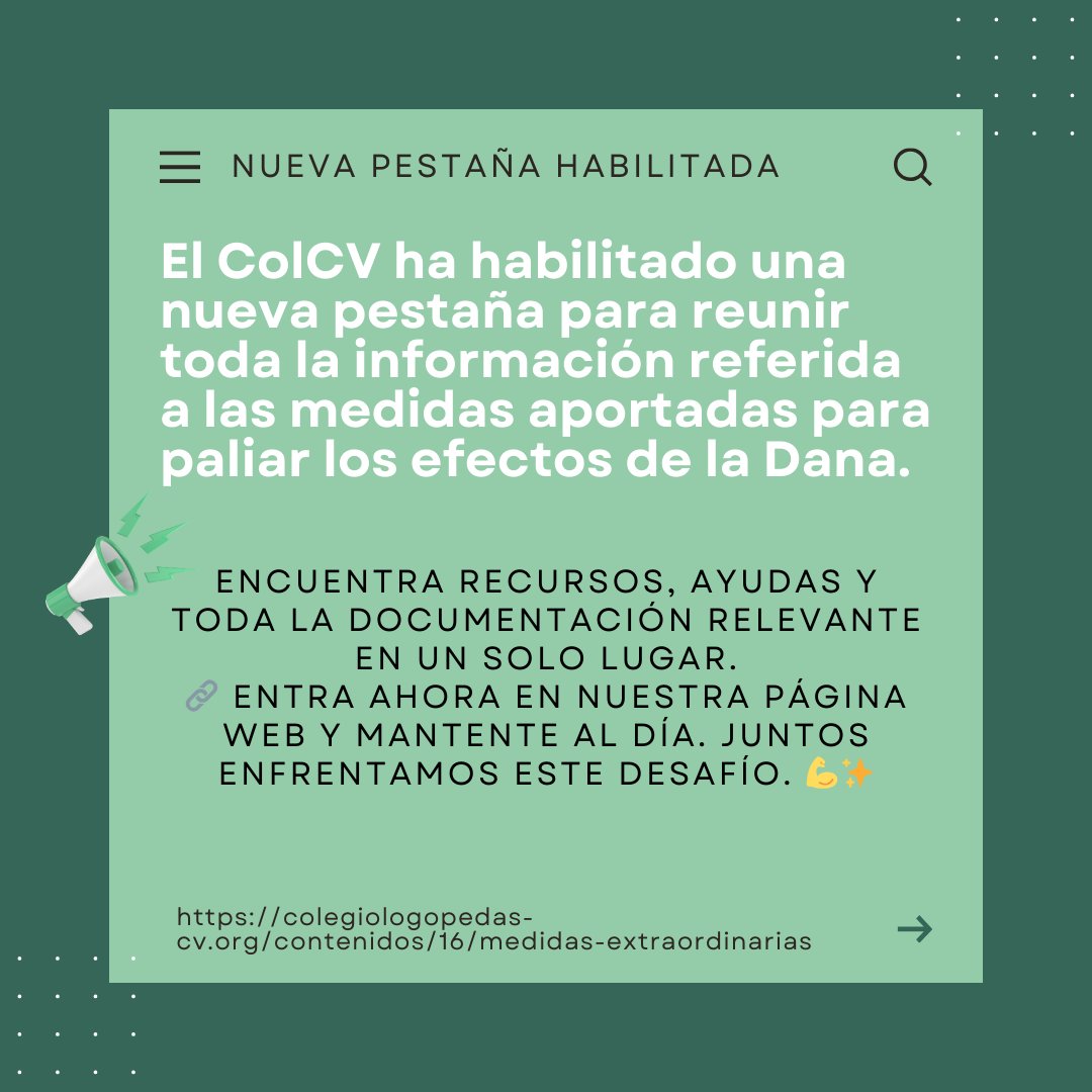 📢 ¡Novedades en nuestra web!
El ColCV ha creado una nueva sección en la pestaña de colegiados para centralizar toda la información sobre las medidas disponibles para paliar los efectos de la DANA. 
📂 Encuentra recursos, ayudas y toda la documentación relevante en un solo lugar.