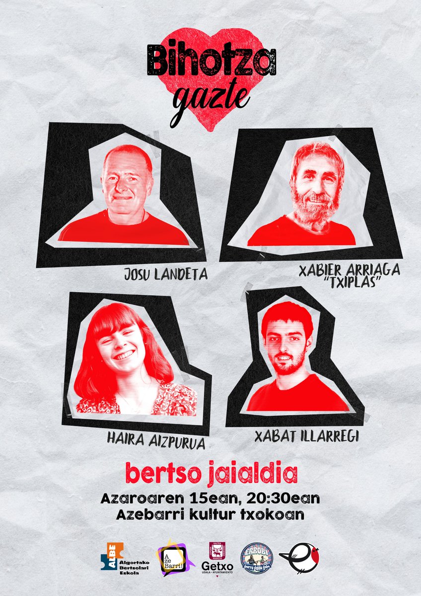 Gaur, 20:30ean, BIHOTZA❤️GAZTE jaialdian bertsotan izango ditugu Josu Landeta, Xabier Arriaga "Txiplas", Haira Aizpurua eta Xabat Illarregi.  
Azebarri txokoan, musika eta otordutxoa ere egongo dira. Anima zaitezte!
#bertsolaritza <a href="/BBertsozale/">Bizkaiko Bertsozale</a> <a href="/HirukaEus/">Hiruka</a> <a href="/bizkaie/">Bizkaie!</a> <a href="/bertsolaritza/">Bertsoa</a>