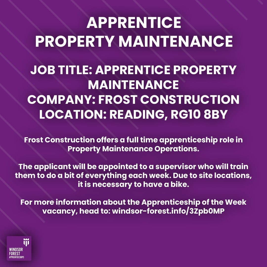 Apprenticeship Vacancy of the Week 💼

Job title: Apprentice Property Maintenance
Company: Frost Construction
Location: Reading
Closing date: Friday 27 December

More info: windsor-forest.info/3Zpb0MP