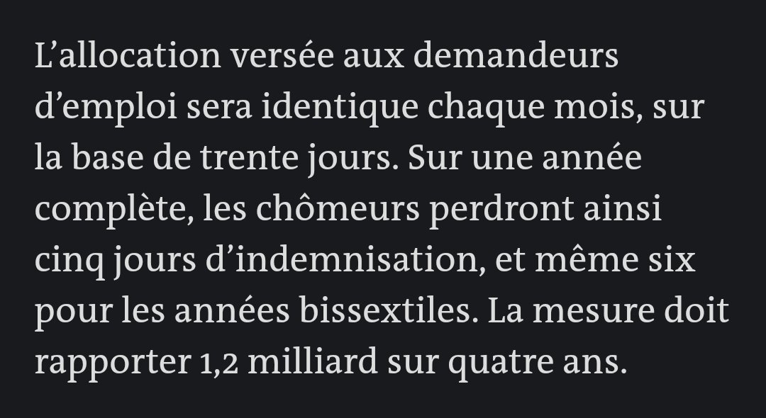 ⚠️ L'indemnisation du chômage est basée sur une indemnité journalière... mais désormais tous les mois compteront 30 jours.

Cette entourloupe fera baisser l'indemnisation de tous les chômeurs de 5/365 = 1.37% ↘️

Source @LeMondeFR : lemonde.fr/politique/arti…