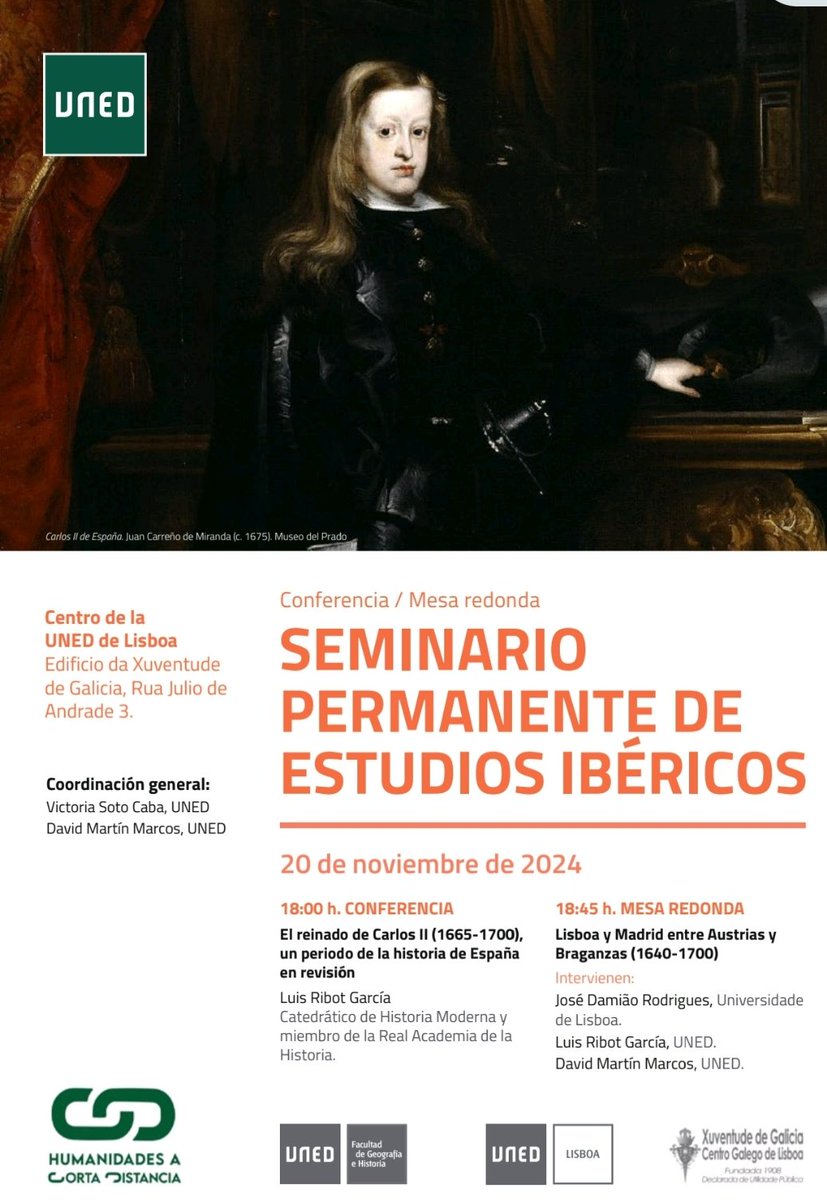📢 El día 20 de noviembre nos visita el profesor Luis Ribot, catedrático de Historia Moderna y miembro de la Real Academia de la Historia 🎓. Hablará del reinado de Carlos II y debatirá con José Damião Rodrigues (<a href="/CH_ULisboa/">Centro de História da Universidade de Lisboa</a>) y David Martín Marcos (<a href="/UNED/">UNED</a>).