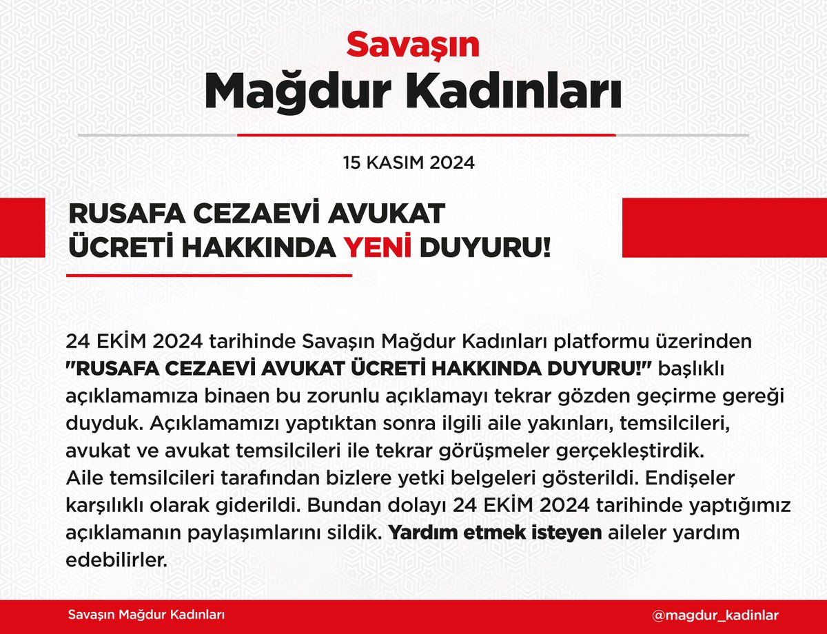 magdur_kadinlar's tweet photo. RUSAFA AVUKAT ÜCRETİ HAKKINDA YENİ DUYURU! 

📢Aile temsilcileri tarafından bizlere yetki belgeleri gösterildi. Endişeler karşılıklı olarak giderildi. Bundan dolayı 24EKİM2024 tarihinde yaptığımız açıklamanın paylaşımlarını sildik. Yardım etmek isteyen aileler yardım edebilirler. https://t.co/RYoGchIT7l