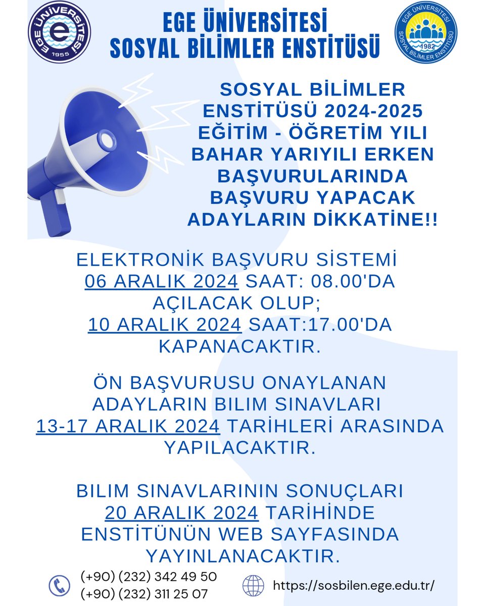 egesosbilen's tweet photo. 📢Sosyal Bilimler Enstitüsü 2024-2025 Eğitim - Öğretim Yılı Bahar Yarıyılı Erken Başvurularında Başvuru Yapacak Adayların Dikkatine!!

🔔Elektronik başvuru sistemi 06 Aralık 2024 Saat:08.00'da açılacak olup; 
10 Aralık 2024 Saat: 17.00'da kapanacaktır. https://t.co/14v8IwlsMd