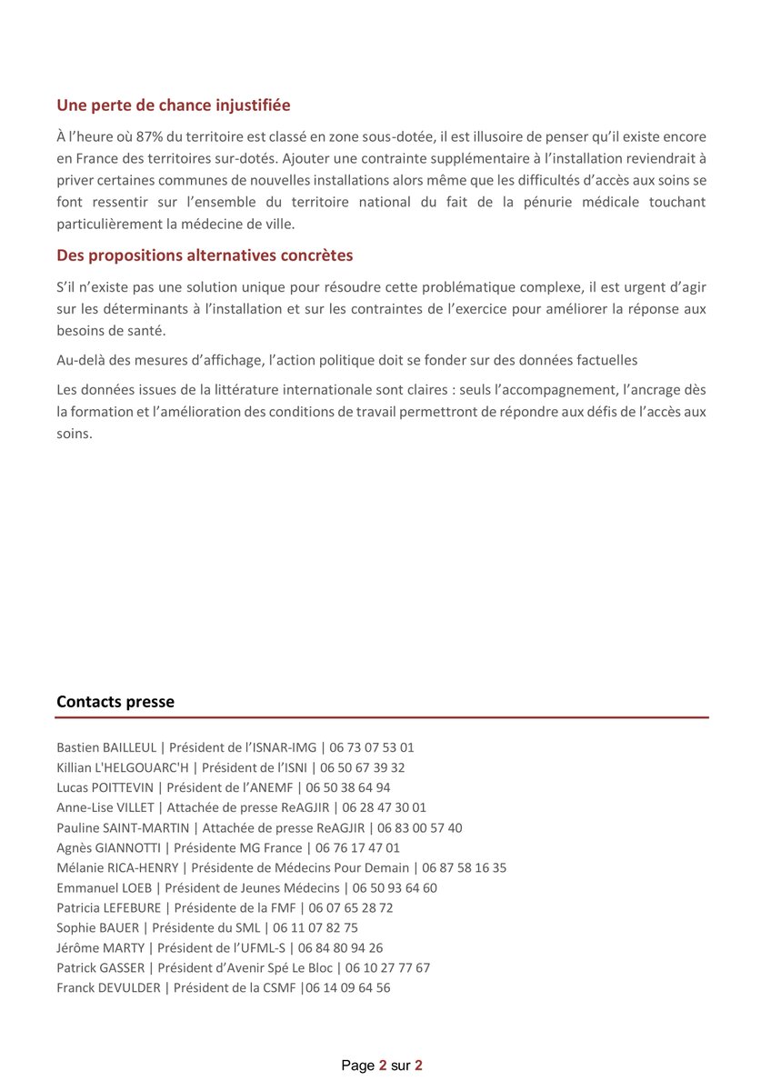 📢Contrainte et régulation à l’installation pour les jeunes médecins : de fausses solutions aux effets pervers ! 😤

➡️Face aux propositions coercitives multiples, les représentants des médecins réaffirment leur ferme
opposition à toute forme de régulation ou de contrainte à