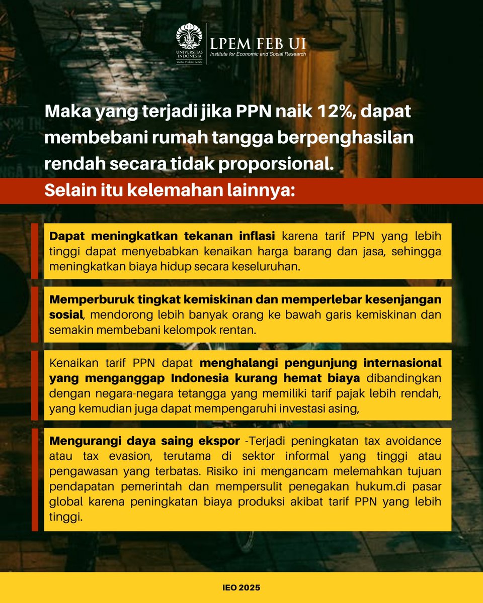 𝗞𝗲𝗯𝗶𝗷𝗮𝗸𝗮𝗻 𝗣𝗣𝗡 𝟭𝟮% 𝗱𝗶 𝟮𝟬𝟮𝟱: 𝗦𝗶𝗮𝗽𝗮 𝘆𝗮𝗻𝗴 𝗔𝗸𝗮𝗻 𝗗𝗶𝗿𝘂𝗴𝗶𝗸𝗮𝗻? Baca selengkapnya dalam 'Indonesia Economic Outlook 2025' yang baru saja diterbitkan LPEM FEB UI  lpem.org/seri-analisis-…

#PPN12% #LembagaPenyelidikanEkonomiMasyarakat #research
