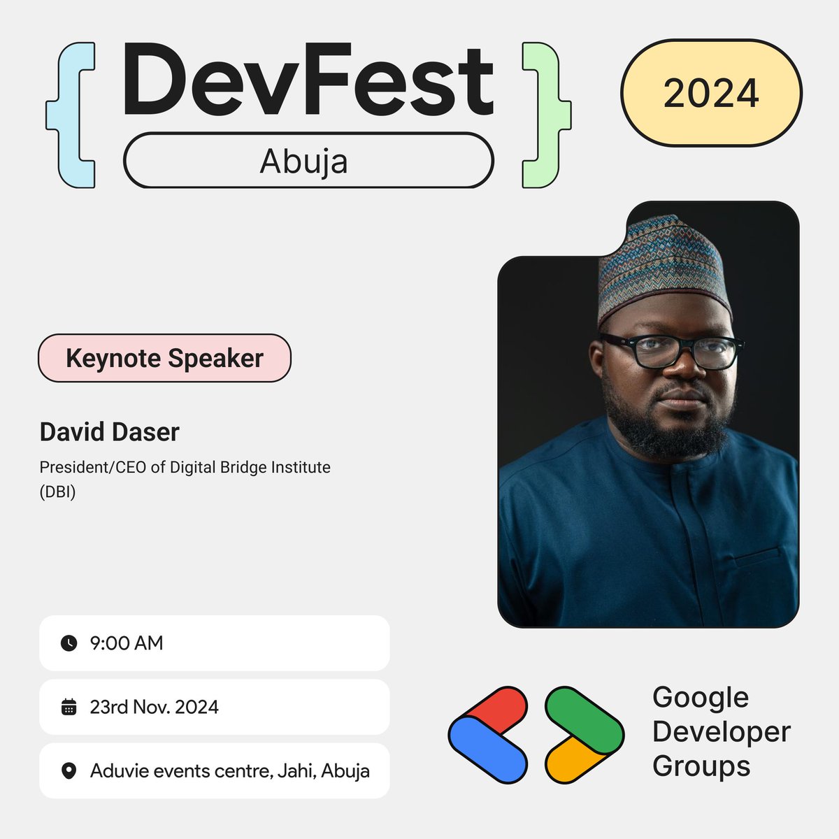 gdgabuja's tweet image. Gain insights into the future of digital innovation from a leader in technology education at #DevfestAbuja24 .🙌🏾

Join David Daser, President and CEO of Digital Bridge Institute, as he takes the stage 🚀to share his expertise and vision on the...
