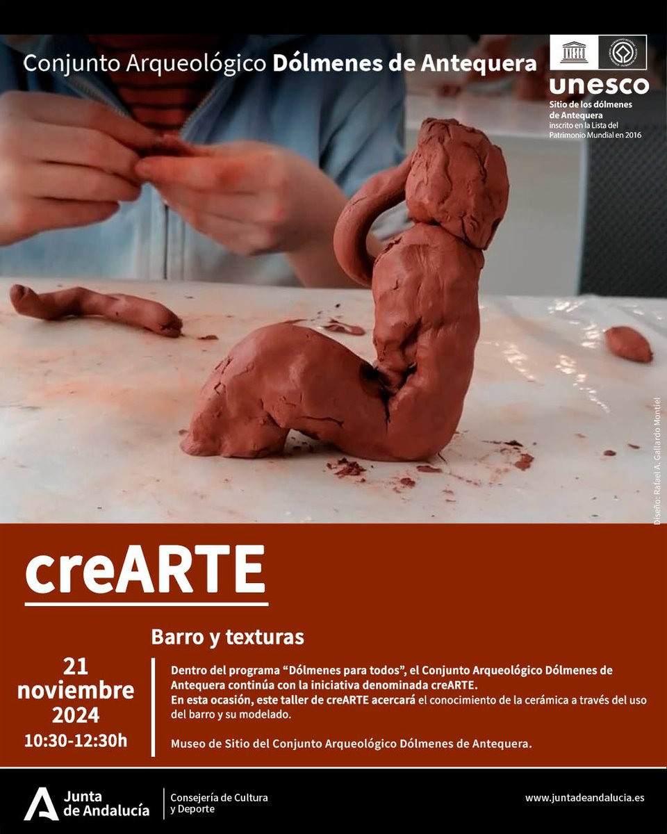 CA_DOLMENESATQ's tweet photo. 🧠 Talleres #CreArte
Taller de cerámica “Barro y texturas” destinado a usuarios y usuarias del ámbito de la #SaludMental, dentro del programa #DólmenesparaTodos.
🗓️ 21 de noviembre
📍#MuseoDólmenes https://t.co/o1ThgvITr7