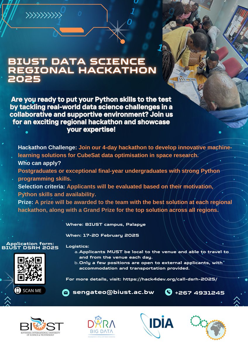 biustbw's tweet photo. 🚀 BIUST Hackathon: Innovate, Collaborate, Create! 
 
Are you passionate about data science and space research? 
More information and applications: https://t.co/IChU3dojDk

#Hackathon2025 #CubeSatInnovation #DataScience #PythonSkills #SpaceResearch https://t.co/S6EOpLVErQ