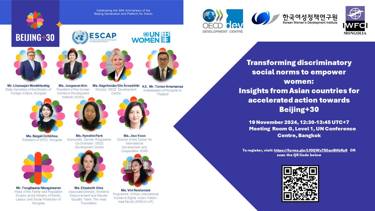 Join us on 19/11 to learn from Asian countries how we can transform discriminatory #socialnorms at the Asia-Pacific Ministerial Conference on Beijing+30 Review <a href="/UNESCAP/">United Nations ESCAP</a> ! Register here: lnkd.in/eWbXy8td An event by <a href="/OECDdev/">OECD Development</a>, KWDI and IWFCI Mongolia #SDG5 #socialnorms #SIGI