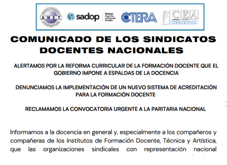 ⛔️ DENUNCIAMOS LA IMPLEMENTACIÓN DE UN NUEVO SISTEMA DE ACREDITACIÓN PARA LA FORMACIÓN DOCENTE.
⛔️RECLAMAMOS: CONVOCATORIA URGENTE A LA PARITARIA NACIONAL.
AMET - SADOP - CTERA - CEA
ctera.org.ar/comunicado-de-…
<a href="/soniaalesso1/">Sonia Alesso</a> <a href="/RobiBaradel/">Roberto Baradel</a> <a href="/pagina12/">Página|12</a> <a href="/eldestape_radio/">El Destape 1070</a> <a href="/MarcadeRadio/">Marca de Radio</a>