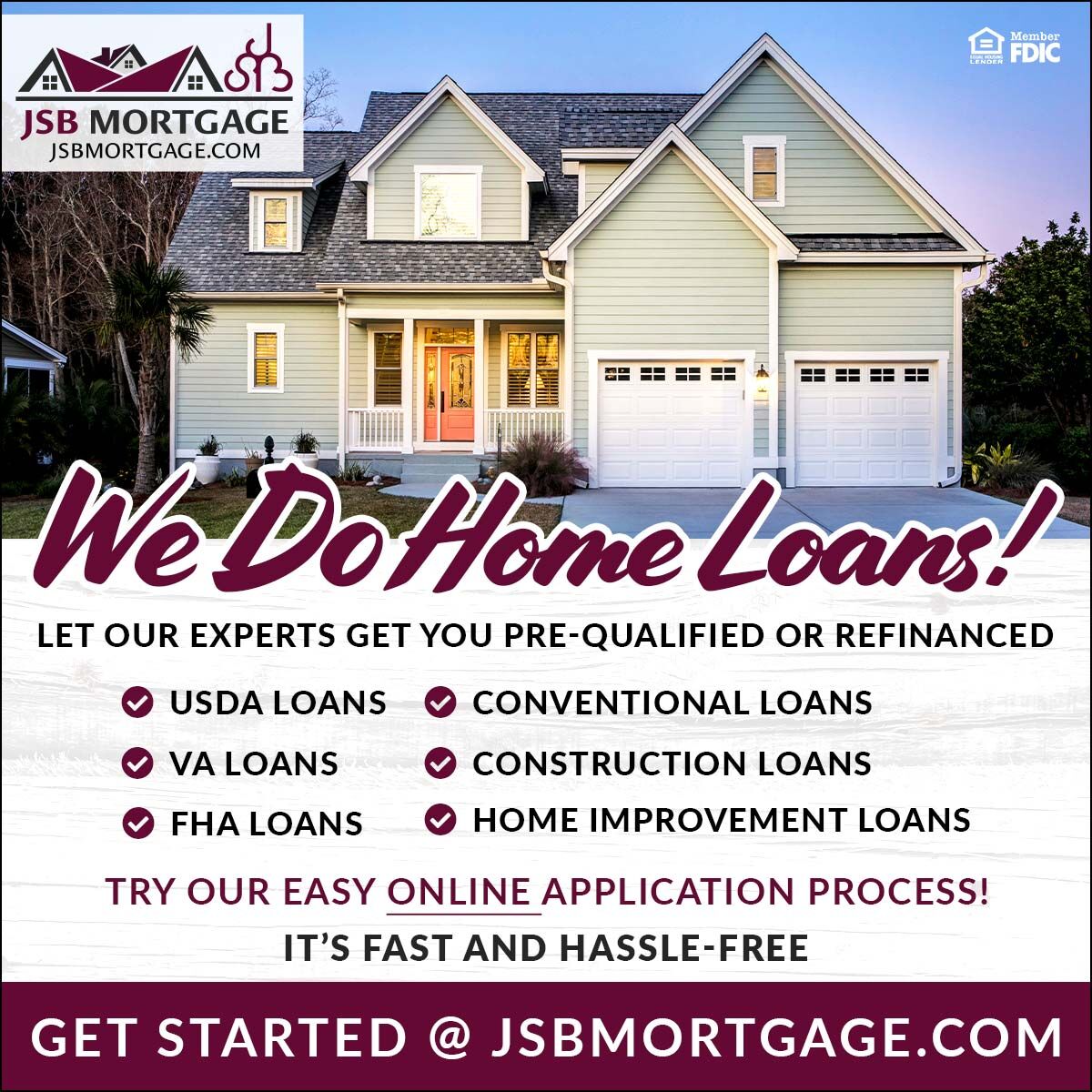 JonesburgStBank's tweet image. 🔑 Looking for the ideal home loan? #JSBMortgage has you covered! Whether it’s USDA, VA, FHA, or conventional loans, our #MortgagePros are here to guide you through pre-qualification or refinancing. Turn your dream home into a reality! 🏡

Start Here ➡ bit.ly/459hqR6!
