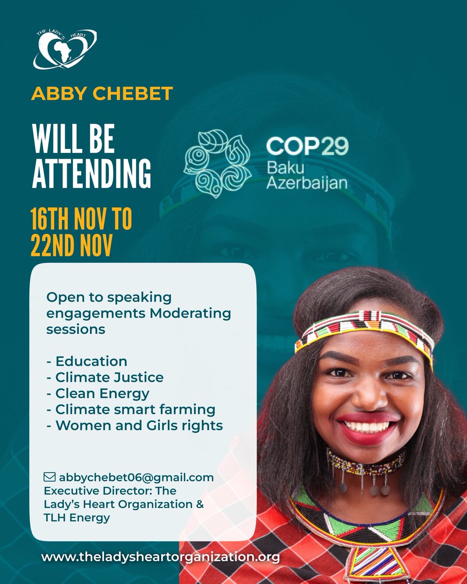Honored to announce that I’ll be attending #COP29Azerbaijan , the world’s largest climate change conference, as the ED of <a href="/LADYSHEARTFOUN1/">LADY'S HEART FOUNDATION</a>  I’ll be amplifying the voices of young girls &amp; women, advocating for their inclusion in the global climate agenda.