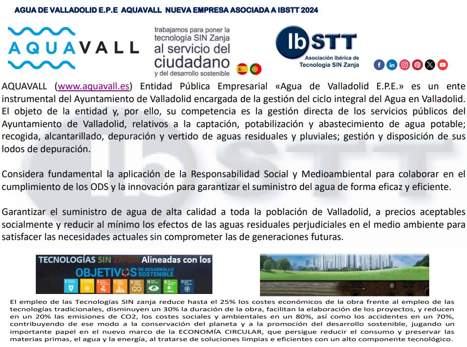 IBSTT's tweet photo. 📣📣Bienvenida a @aqua_vall nueva empresa asociada a #IBSTT Asociación Ibérica #TecnologiasSINzanja #TecnologiaSINZanja #TSZ #ODS. Por la #Innovacion y #Sostenibilidad. Cumpliendo el #ODS17 #trenchlesstechnology #nodig #trenchless #sinzanja
AQUAVALL 👉 https://t.co/AslquPDFC6 https://t.co/EkKqD2vzDe