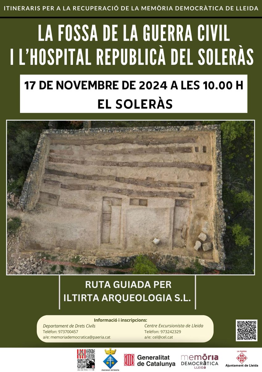 Continuen els Itineraris de Memòria de <a href="/paerialleida/">Ajuntament de Lleida</a>. El 17 de novembre visitarem la fossa del cementiri i l'hospital republicà del Soleràs. Visita conduïda per Iltirta Arqueologia.
