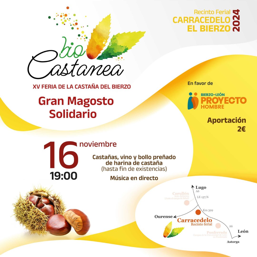 ¡Esta tarde ya tienes plan! 🌰​

Vente al magosto solidario a favor de Proyecto Hombre en el recinto ferial de Carracedelo a las 19:00h. Por 2€ recibirás castañas, vino y bollo preñado de harina de castaña. ✨

#Biocastanea #Biocastanea24 #Biocastanea2024 #carracedelo #magosto