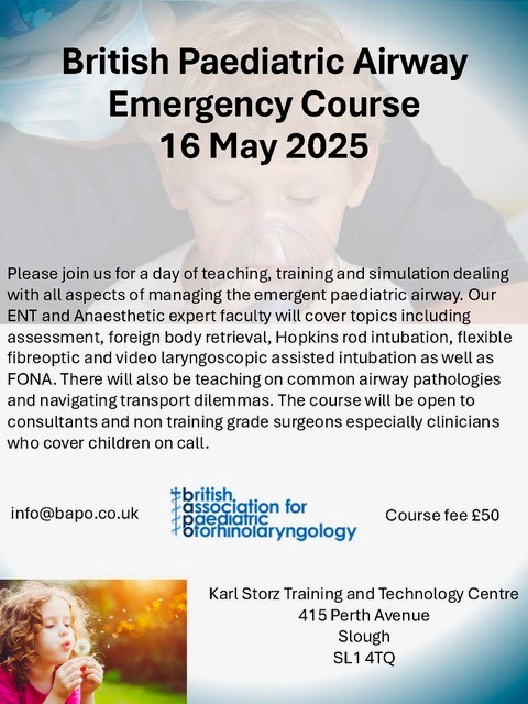 Please see BAPO flyer for more information on a Paediatric Airway Emergency course they are running on 16th May 2025. #CYP #paediatricairwayemergency