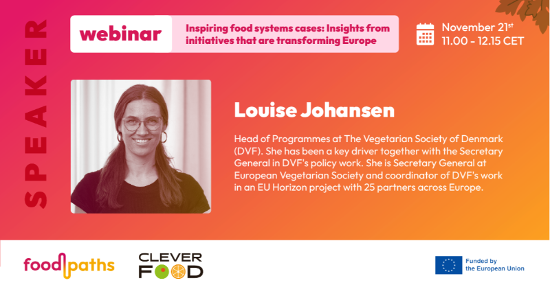 SciFoodHealth's tweet photo. 📅 Register for the #FOODPathS #webinar, "Inspiring #FoodSystems Cases" on 21 November, 11:00-12:15 CET.
Hear from Louise Johansen (The Vegetarian Society of Denmark and #CleverfoodEU) about the co-creation of Denmarks’ #nationalactionplan for #plantbased foods.
Register!👇