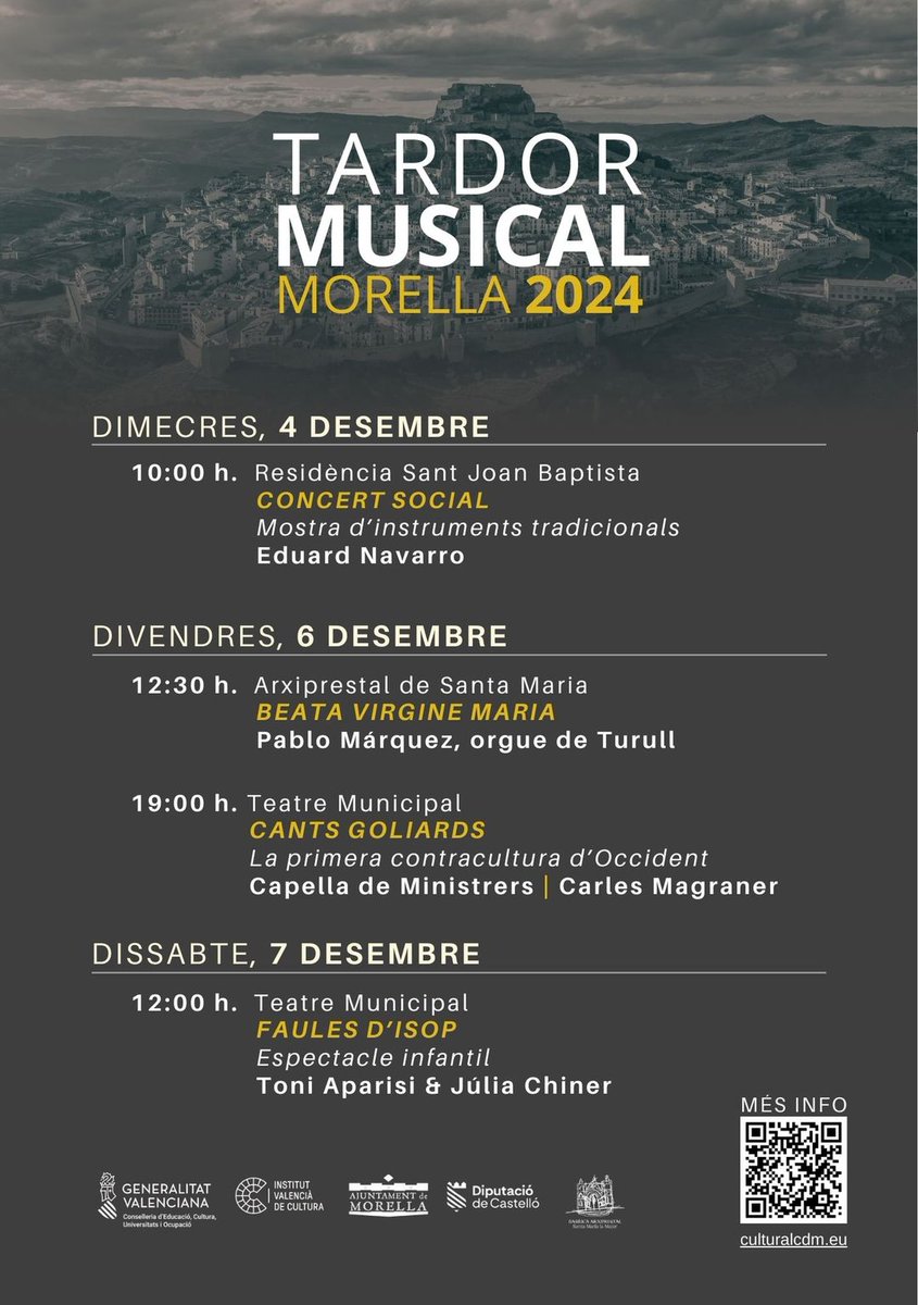 📅 No tens plans per al pròxim pont de desembre? Vine a gaudir del Festival Tardor Musical a Morella, del 4 al 7 de desembre. 🎵
🔗Consulta tota la informació i la programació completa ací: culturalcdm.eu/ca/festivals/t…
Ens veiem a Morella! ✨
<a href="/ajmorella/">Ajuntament de Morella</a> | <a href="/morellaturismo/">Morella Turística</a>