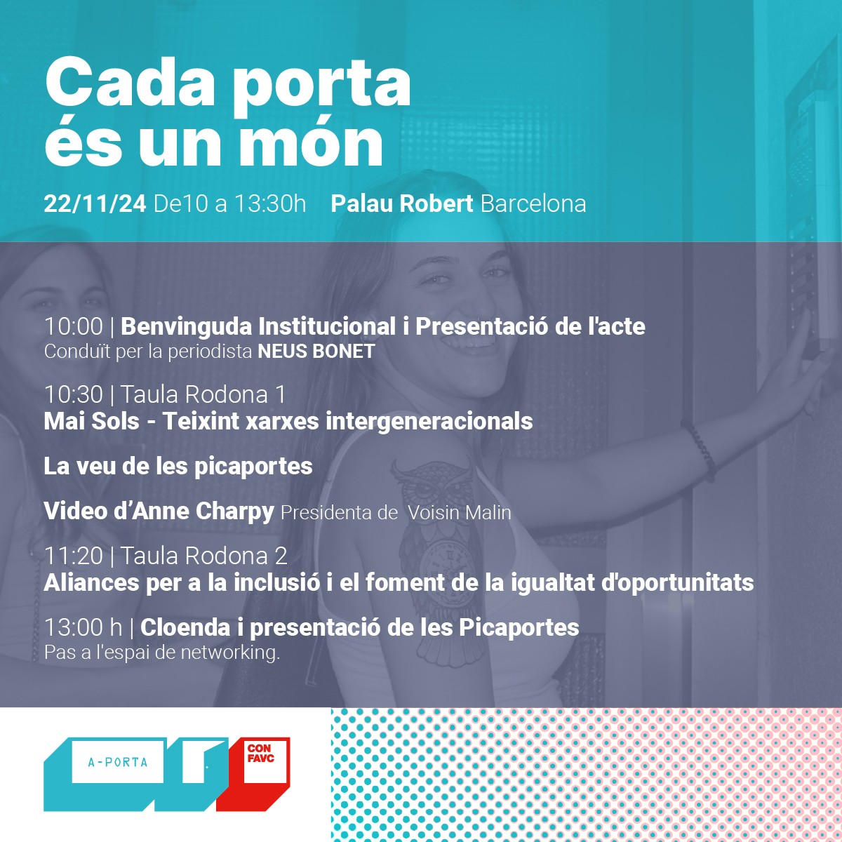 📢 No et perdis la jornada “Cada porta és un món", en la qual participarà la investigadora de la UB School of Sociology, <a href="/s_escapa/">Sandra Escapa</a>
 
👥 <a href="/CONFAVC/">confavc</a>
🗓 Divendres 22 de novembre, de 10:00 a 13:30
📍 Palau Robert
 
🔗 Informació + inscripcions: a-porta.cat/noticia/jornad…
