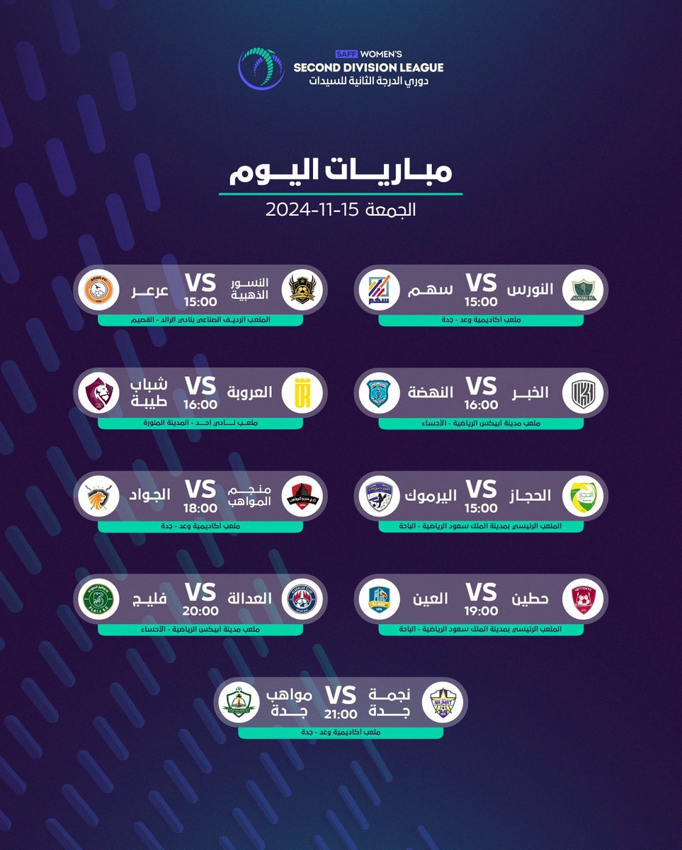 9️⃣ مـبـاريات ⚽️
من 5️⃣ مدن مختلفة📍

📄 جدول مباريات اليوم ضمن الجولة الثالثة من #دوري_الدرجة_الثانية_للسيدات 25/24 🏆