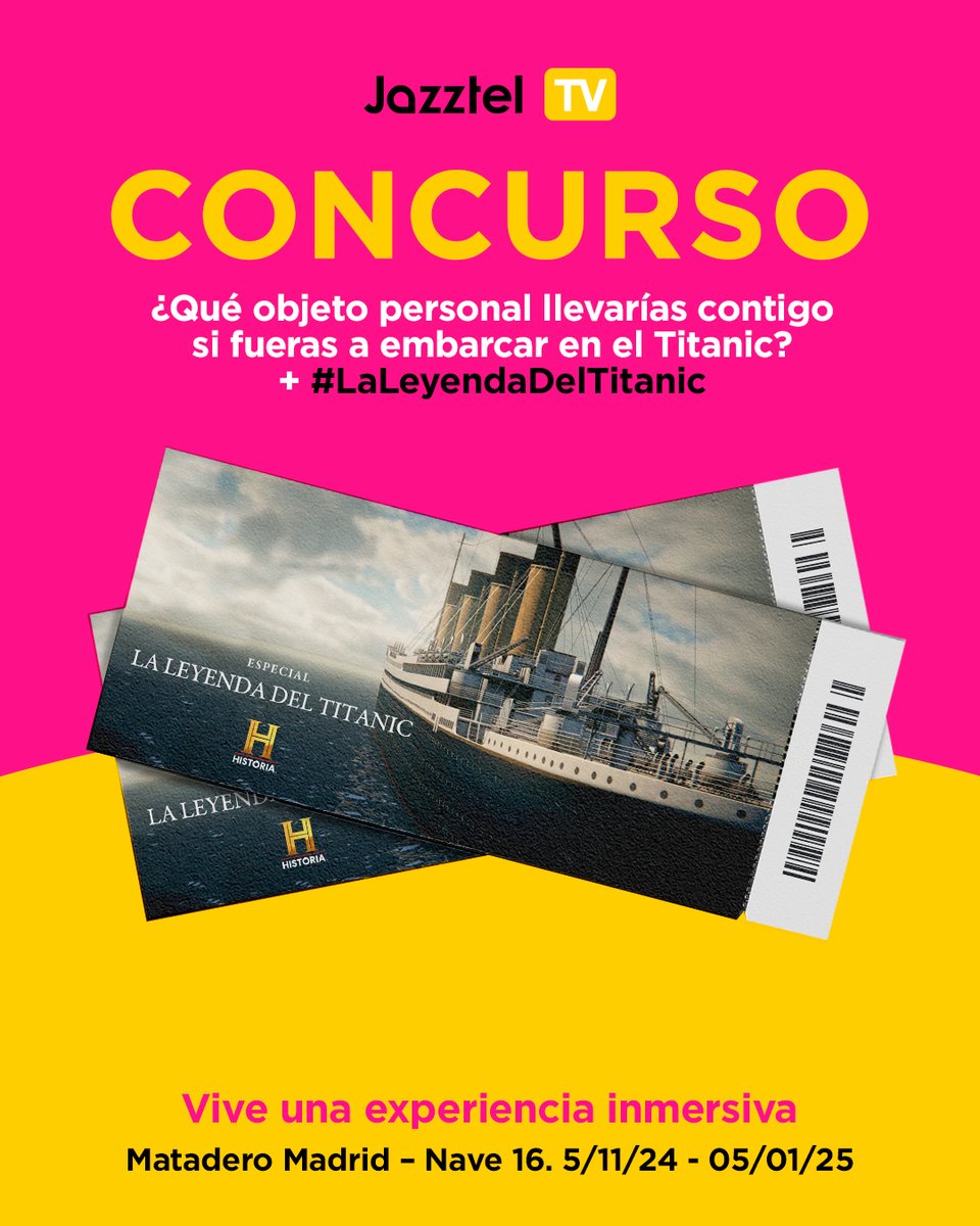 jazztel_es's tweet photo. ¡CONCURSO! 
No te pierdas el especial de #Titanic que @CanaldeHistoria ha preparado en la exposición de "La leyenda del Titanic!🚢⚓
🔁 RT 
😇 ¿Qué objeto personal llevarías contigo si fueras a embarcar en el Titanic?
#️⃣  Utiliza #LaLeyendaDelTitanic
BL: https://t.co/Rf3UDaBEmf https://t.co/71DRaHjDTg