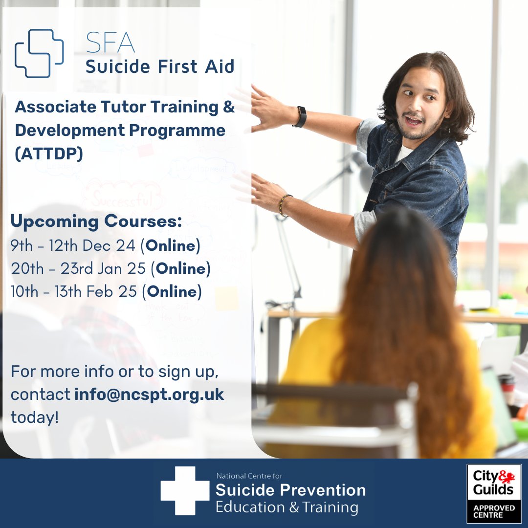 NCSPET_UK's tweet image. 📢 Spaces Still Available:
9th - 12th December 2024
20th - 23rd January 2025
10th - 13th February 2025
(All online via Zoom)

To learn more about this course or apply, please contact info@ncspt.org.uk today!
#suicideprevention #tutortraining #mentalhealth #mentalhealthmatters