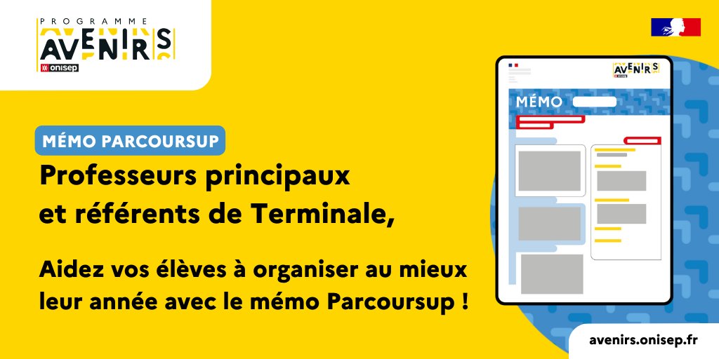 #équipeséducatives 📢 Avec le mémo <a href="/parcoursup_info/">Parcoursup</a>, aidez vos élèves à organiser au mieux leur année de Terminale. Un calendrier #parcoursup, une "to do list" et tous les contacts utiles sont à votre dispo sur cette fiche pratique
#Avenirs👉 ow.ly/Lms450U70Lc
#orientation