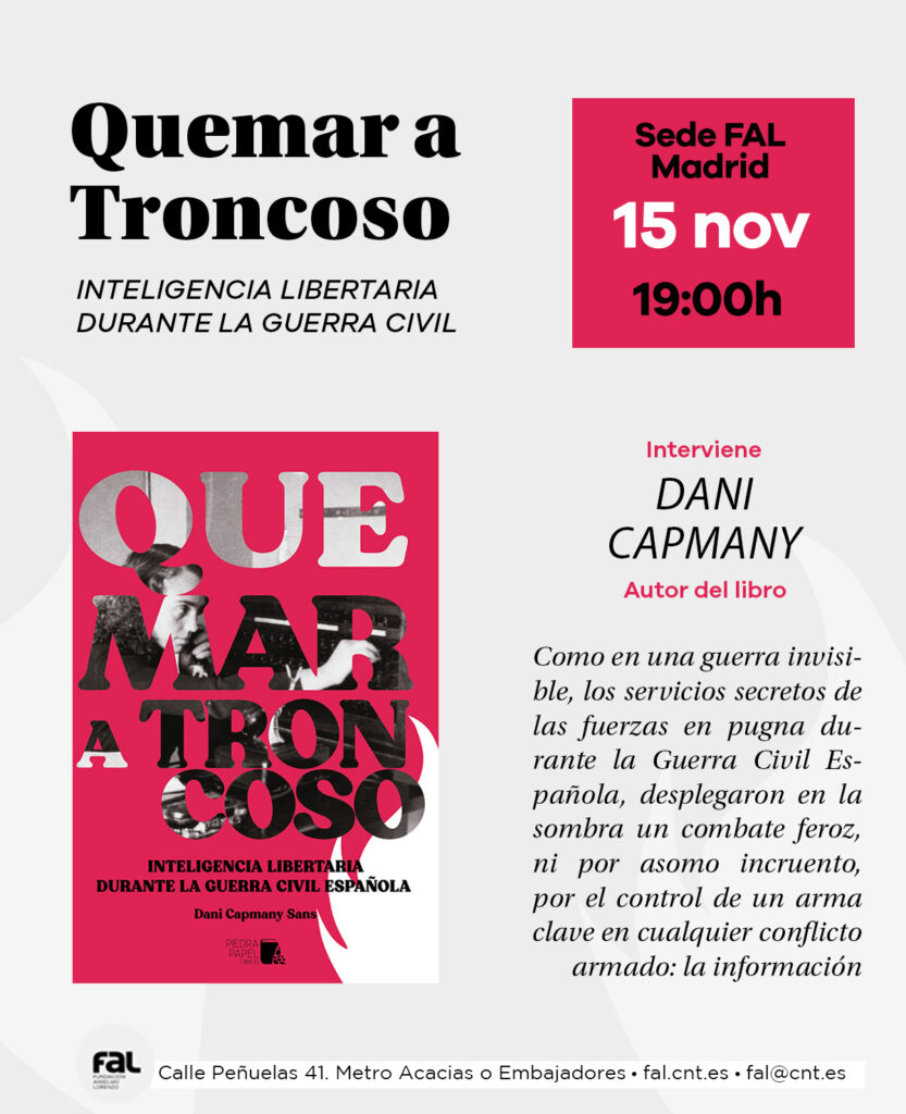 La actividad cultural no se detiene en la sede madrileña de la Fundación. De hecho, esta misma tarde se presenta 'Quemar a Troncoso. Inteligencia libertaria en la Guerra Civil Española', de Dani Capmany (editado por <a href="/PiedraPapelEd/">Piedra Papel Libros</a>). A las 19:00 #MemoriaEsLucha #MemoriaLibertaria