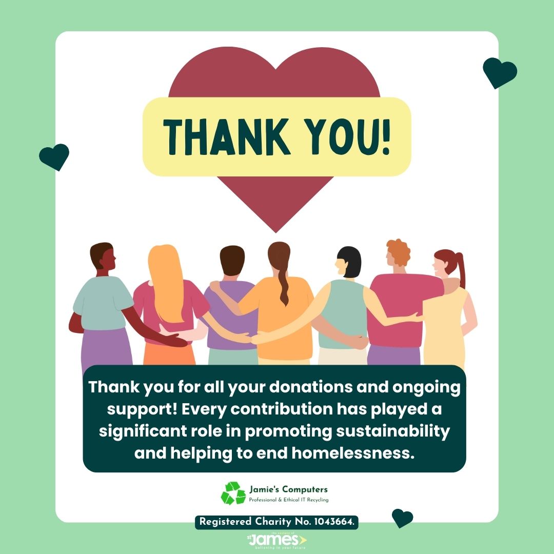 JamiesComputers's tweet photo. We just want to say a huge thank you to everyone's continued support and donations. Each donation has made a huge difference to improving sustainability and helping to end homelessness. 

Your kindness means the world and we are incredibly thankful! ♻️🌍 #ThankYou  #Charity https://t.co/PaOkP1sofn
