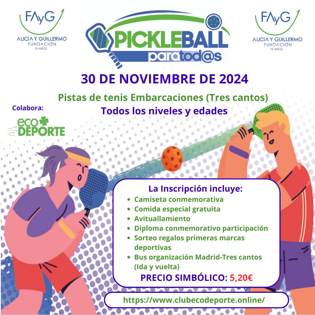 PICKLEBALL PARA TOD@S (Sábado 30 de Noviembre) Tres Cantos
Con motivo del 10º Aniversario de la Fundación Alicia y Guillermo os presentamos esta actividad intergeneracional de Pickleball con precio simbólico y muchos regalos.
+ Info e Inscripciones en clubecodeporte.online