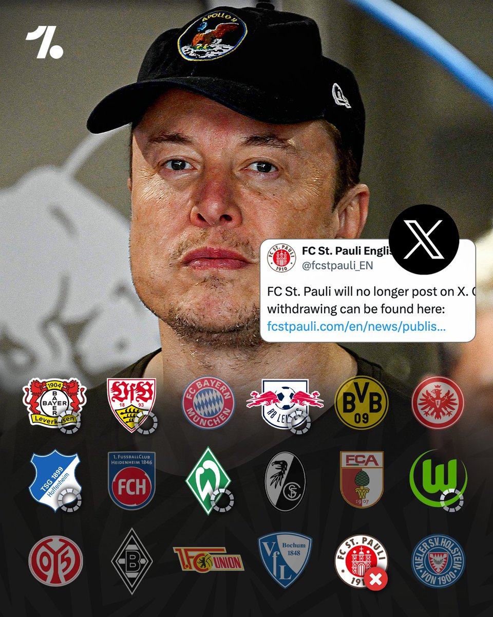 OneFootball's tweet image. Bundesliga clubs seem to be united against...Elon Musk 😳👋🇺🇸

After St Pauli announced it was leaving Elon Musk’s “hate machine” X, Bayer Leverkusen and Wolfsburg are ‘on the verge of joining them’, while Stuttgart, Werder Bremen, RB Leipzig and Hoffenheim ‘might follow suit…