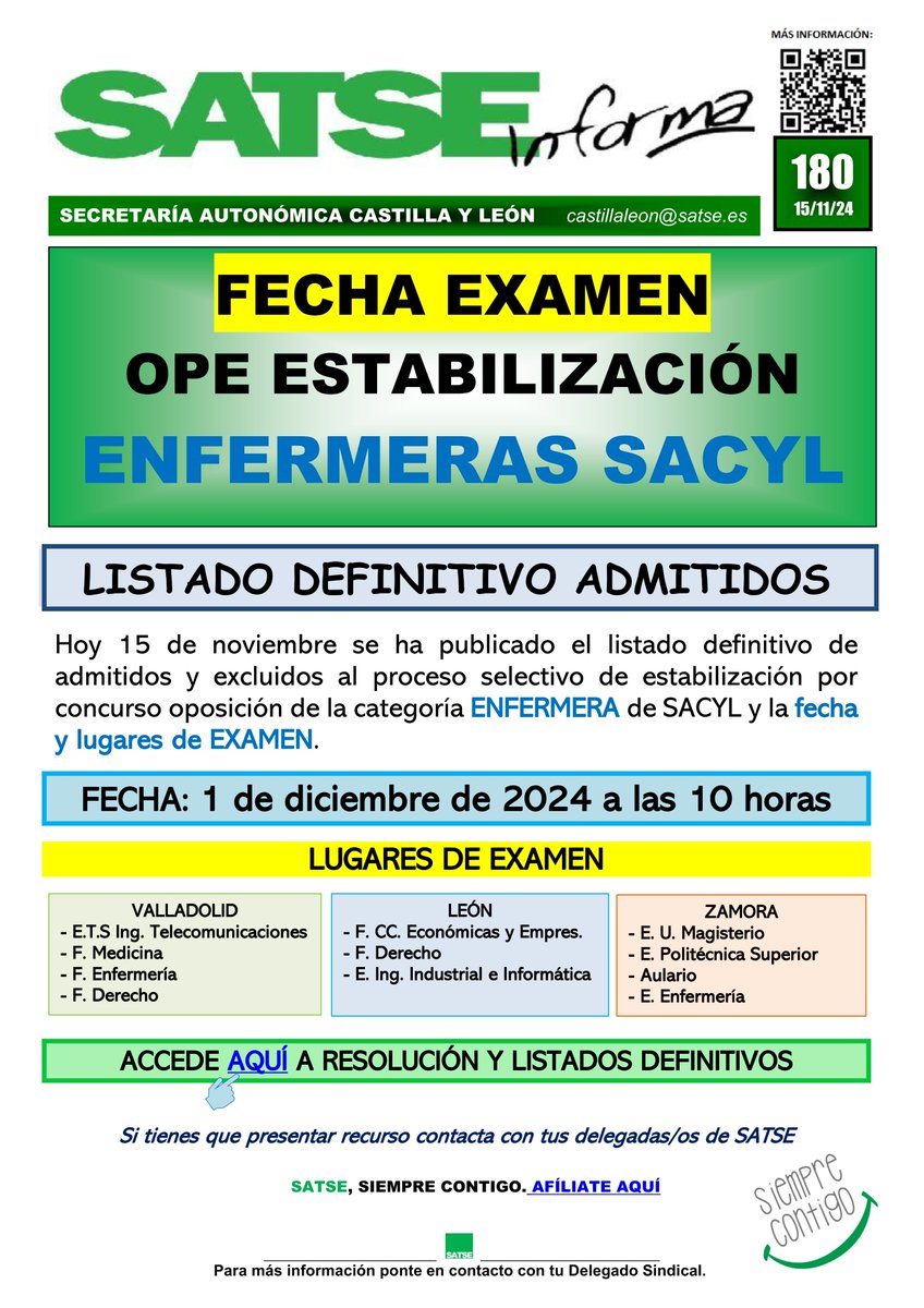 SATSE_CyL's tweet photo. 📑Listado definitivo de admitidos de la OPE de estabilización de #Enfermeras de SACYL.

🗓 Fecha: 01/12/2024.
⏰10:00 h.
📍Lugares: en León, Valladolid y Zamora.

Te contamos más detalles sobre la resolución, listados, etc. en nuestra web 👇🔗https://t.co/bthEfXTwKh https://t.co/izabM9js8I