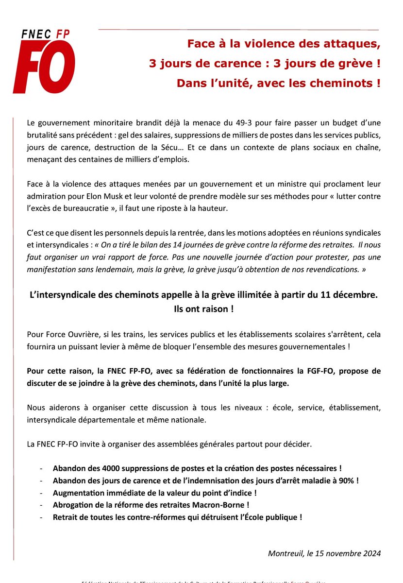 Si les trains, les services publics et les établissements scolaires s'arrêtent, cela fournira un puissant levier à même de bloquer l’ensemble des mesures gouvernementales.
3 jours de carence 👉 3 jours de grève ! Dans l'unité, et avec les cheminots !